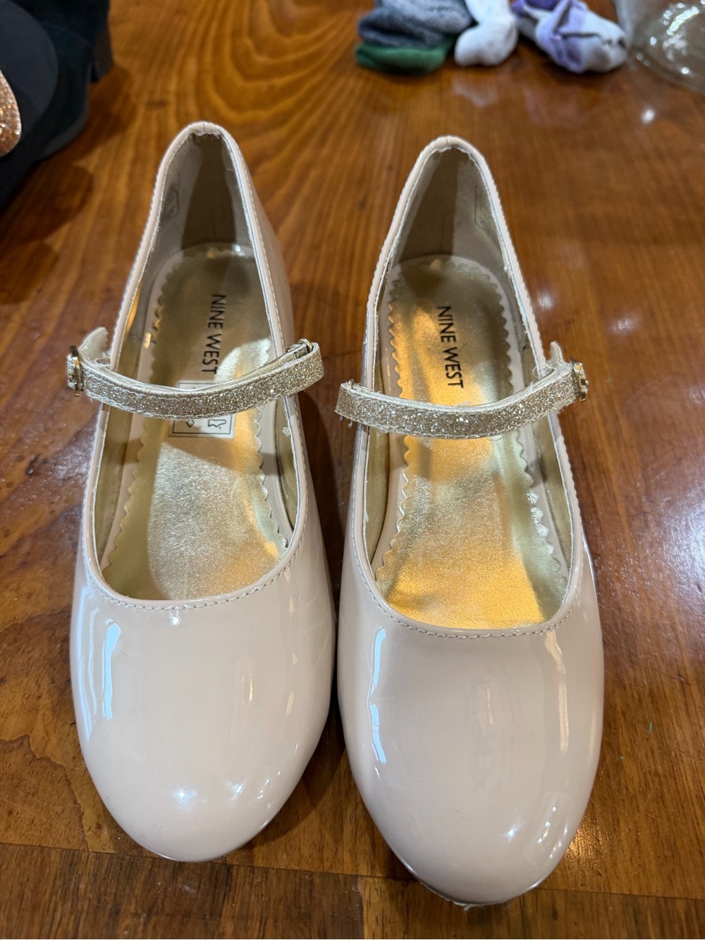 Nine West Girls Cream Patent Mary Jane with Gold Glitter Strap